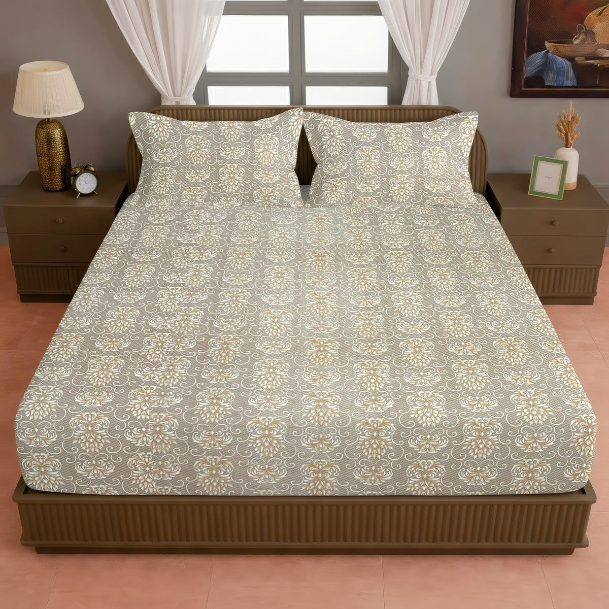 Beige Ornamental 200 TC Pure Cotton Bedsheet with Pillow Cover