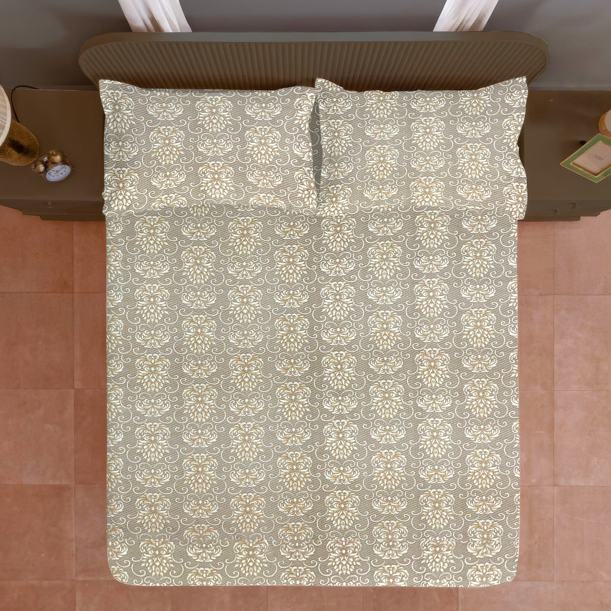Beige Ornamental 200 TC Pure Cotton Bedsheet with Pillow Cover