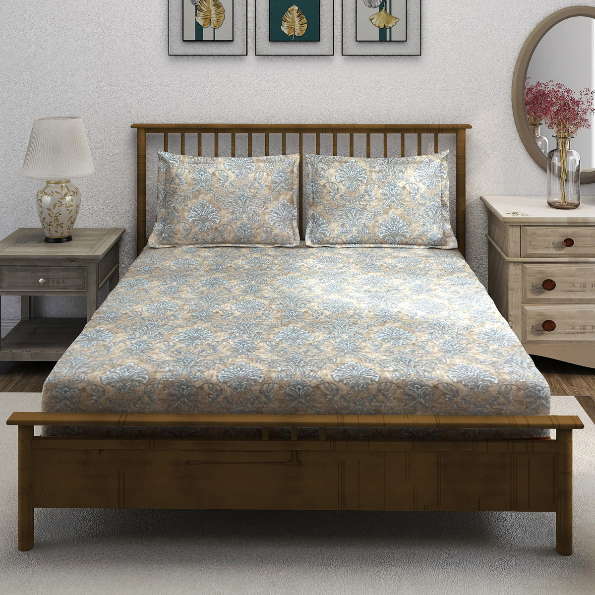 Sandstone Blue Damask 180 TC Pure Cotton Bedsheet Set with Pillow Cover