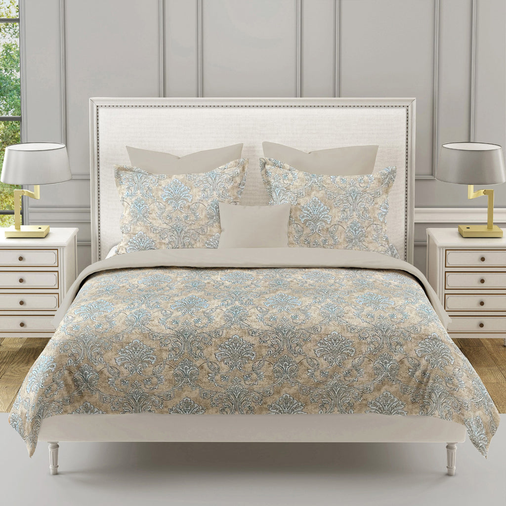 Sandstone Blue Damask 180 TC Pure Cotton Bedsheet Set with Pillow Cover
