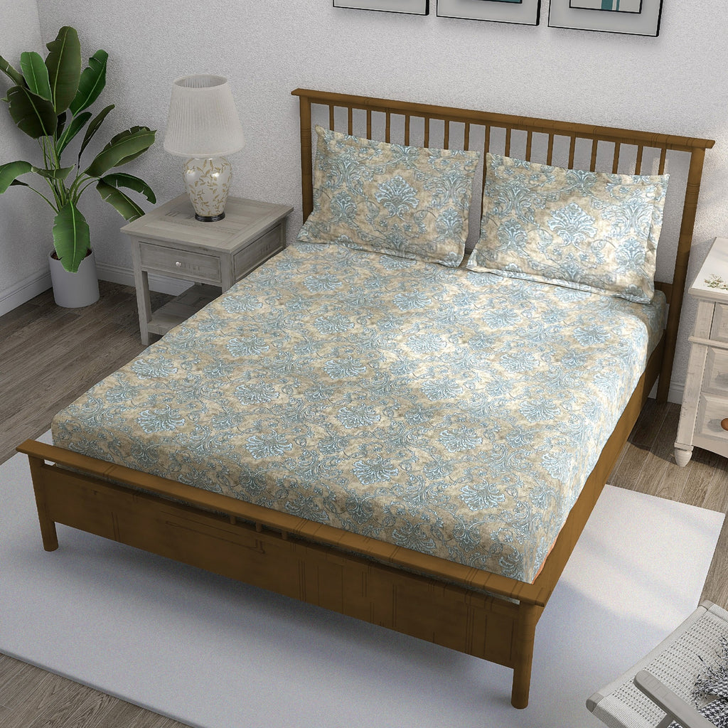 Sandstone Blue Damask 180 TC Pure Cotton Bedsheet Set with Pillow Cover