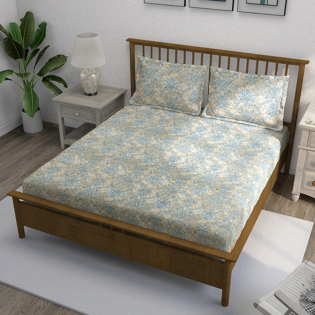 Sandstone Blue Damask 180 TC Pure Cotton Bedsheet Set with Pillow Cover