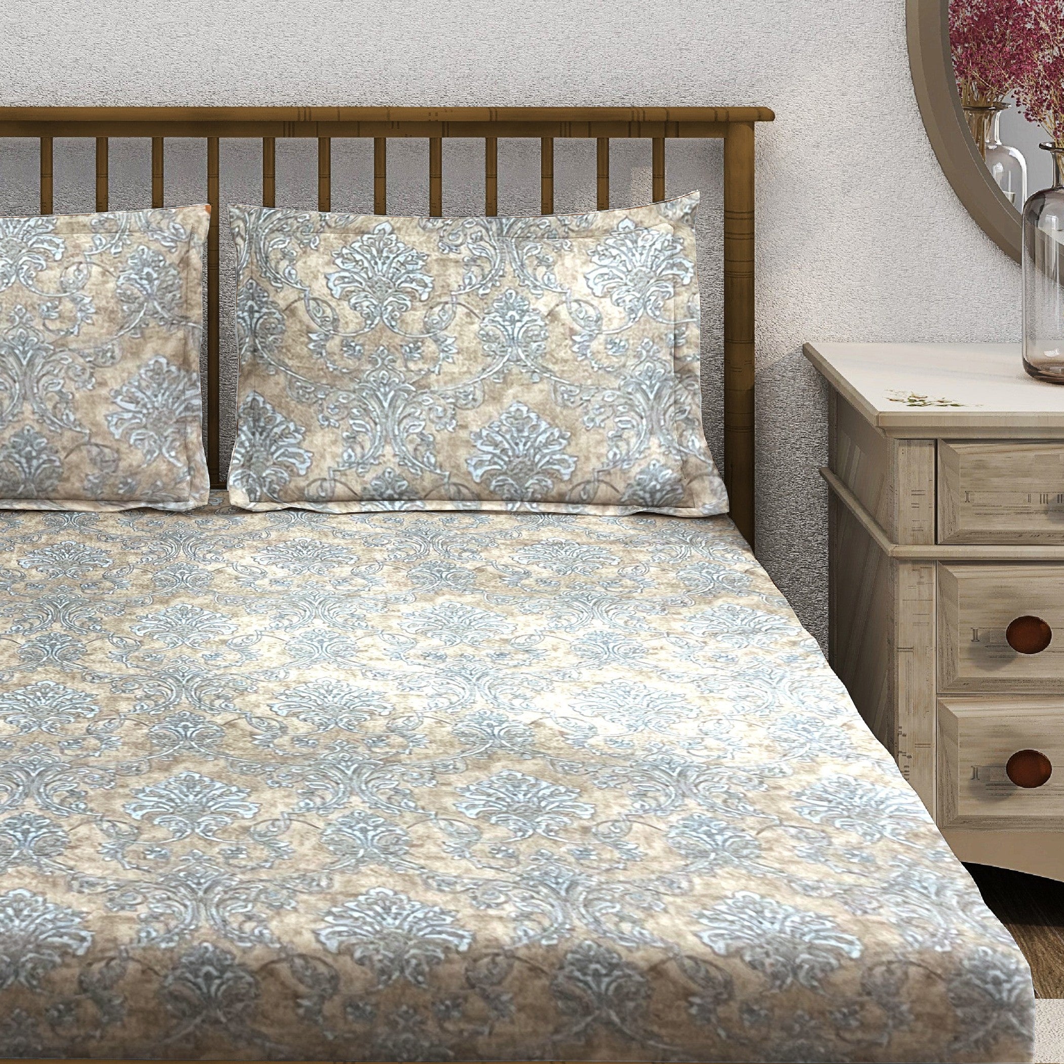 Sandstone Blue Damask 180 TC Pure Cotton Bedsheet Set with Pillow Cover