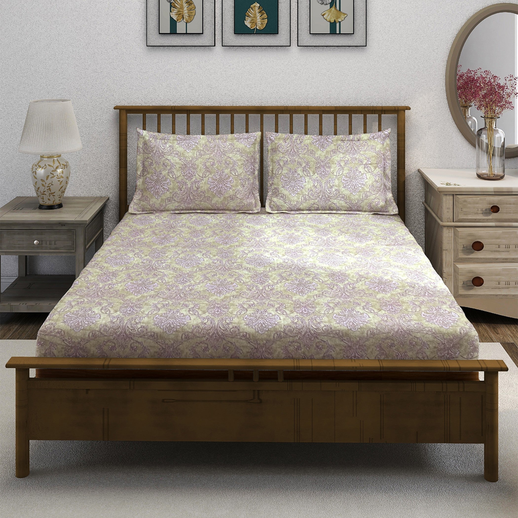 Sage Lilac Damask 180 TC Pure Cotton Bedsheet Set with Pillow Cover
