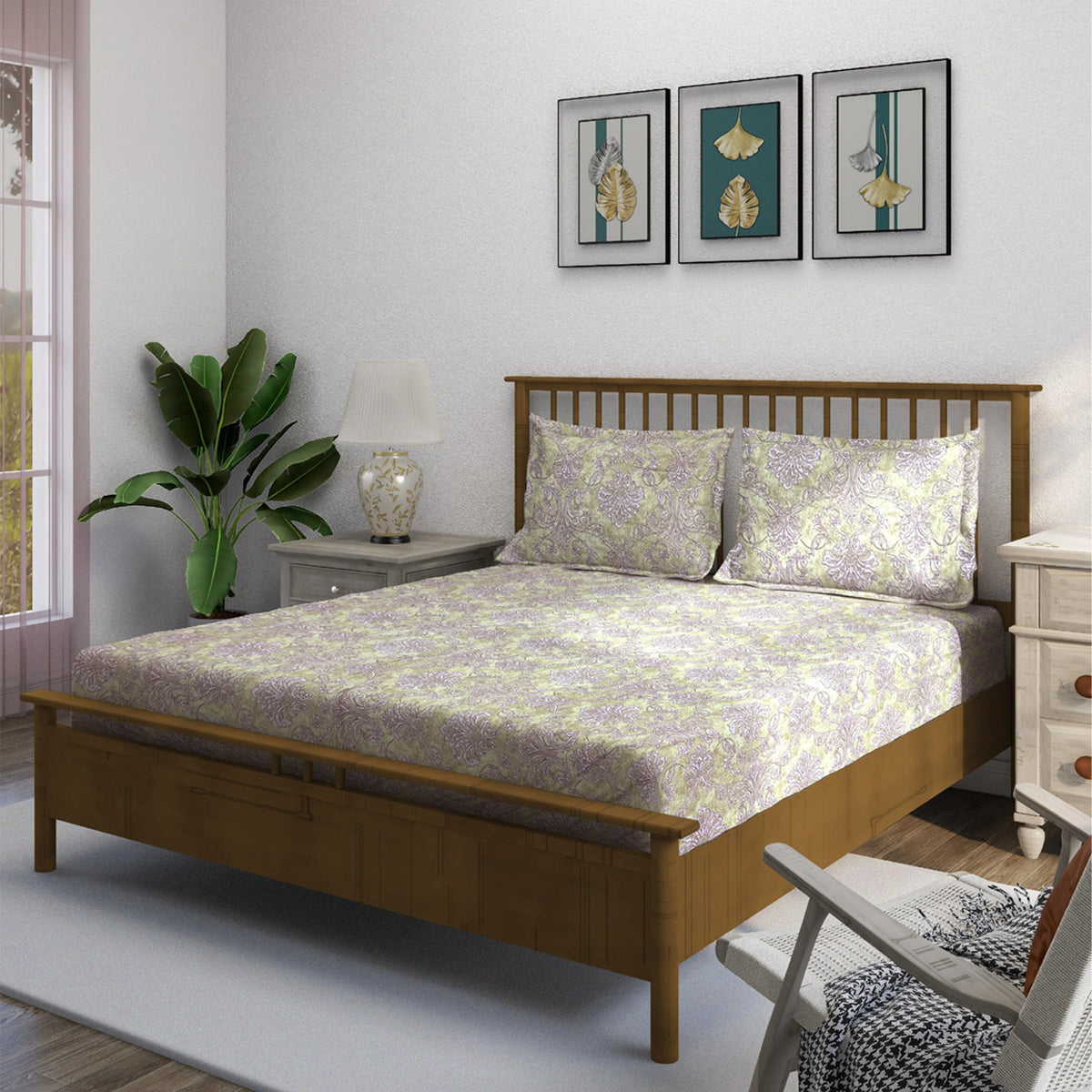 Sage Lilac Damask 180 TC Pure Cotton Bedsheet Set with Pillow Cover