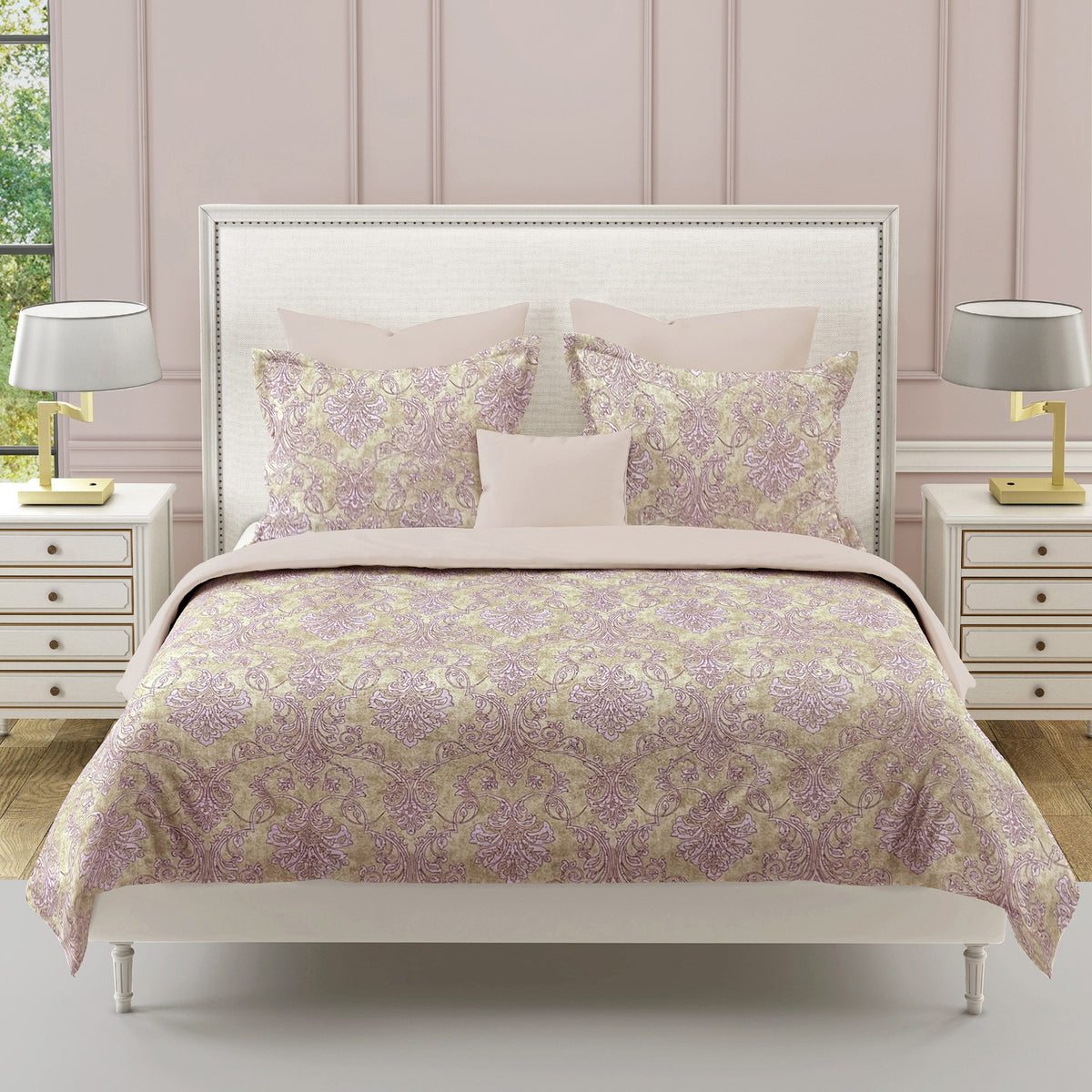 Sage Lilac Damask 180 TC Pure Cotton Bedsheet Set with Pillow Cover