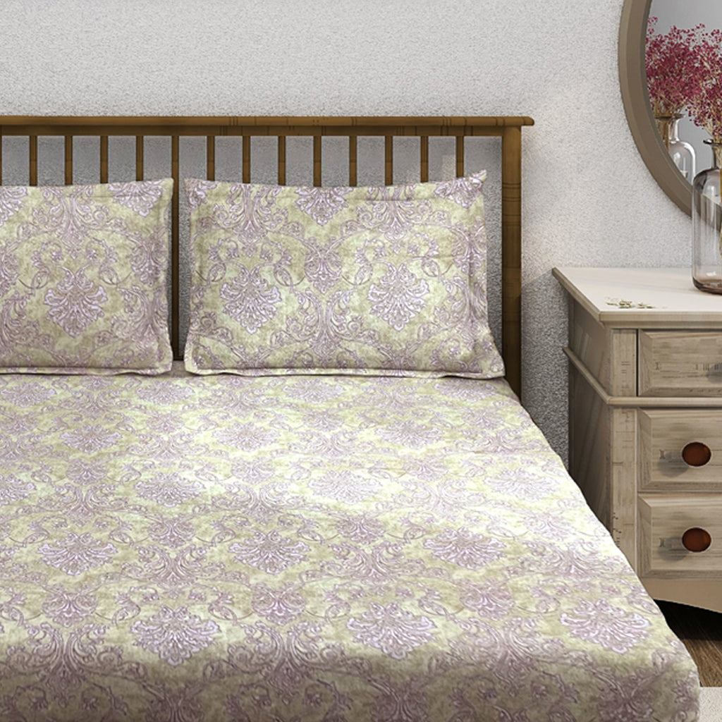 Sage Lilac Damask 180 TC Pure Cotton Bedsheet Set with Pillow Cover