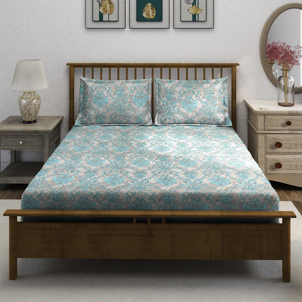 Taupe Aqua Damask 180 TC Pure Cotton Bedsheet Set with Pillow Cover