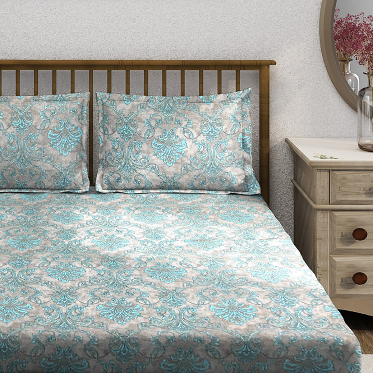 Taupe Aqua Damask 180 TC Pure Cotton Bedsheet Set with Pillow Cover