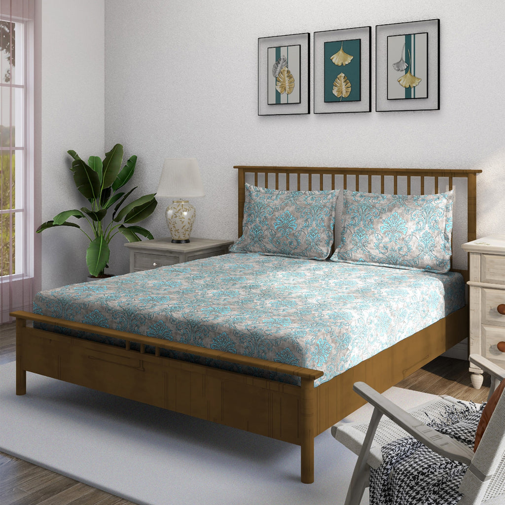 Taupe Aqua Damask 180 TC Pure Cotton Bedsheet Set with Pillow Cover