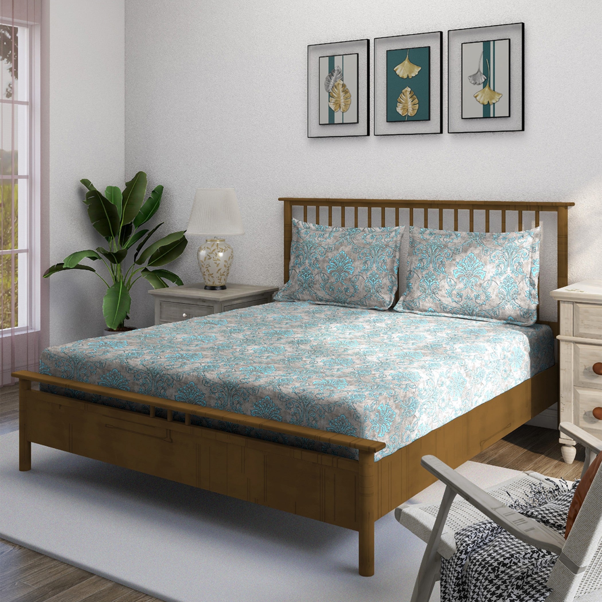 Taupe Aqua Damask 180 TC Pure Cotton Bedsheet Set with Pillow Cover