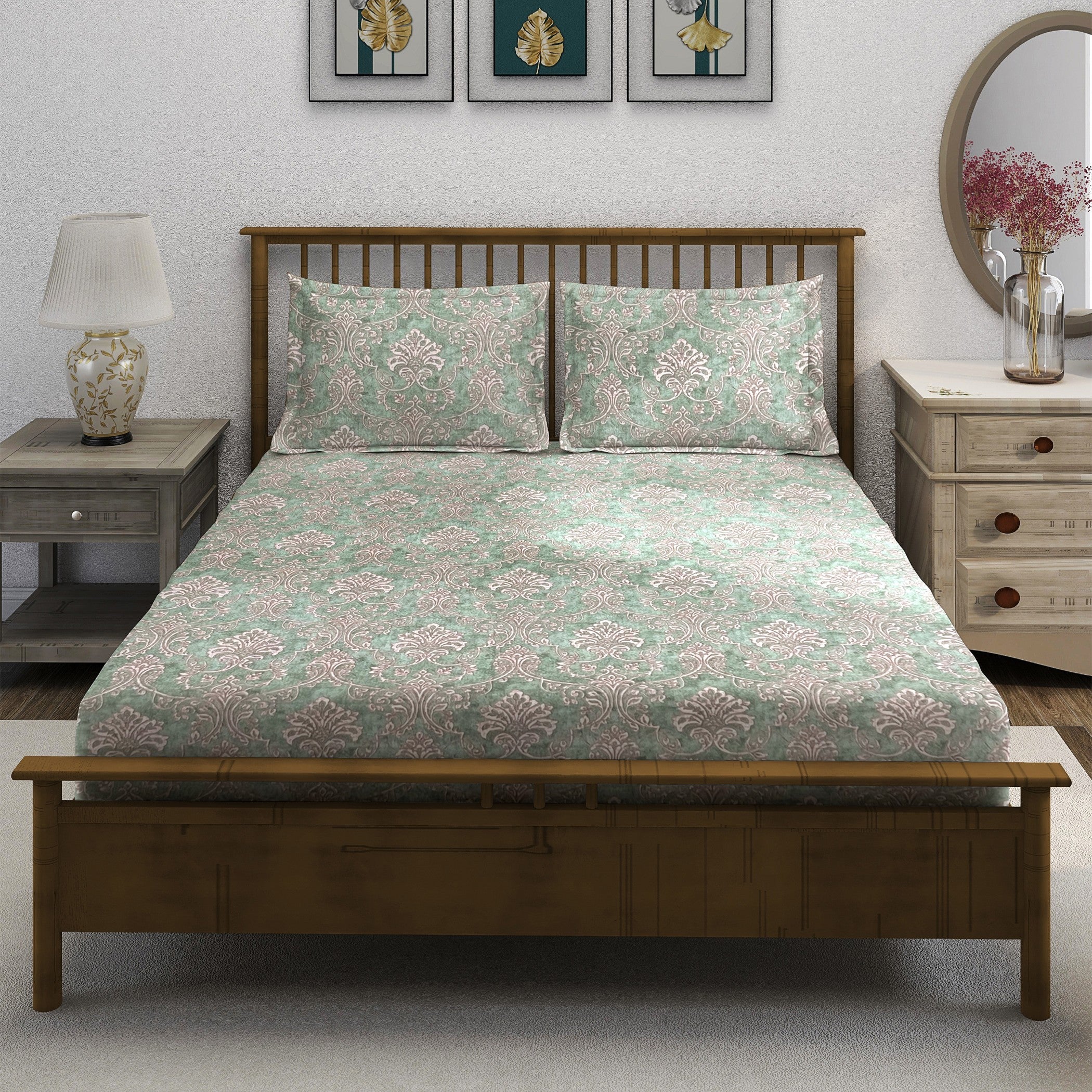 Mint Ornate Damask 180 TC Pure Cotton Bedsheet Set with Pillow Cover