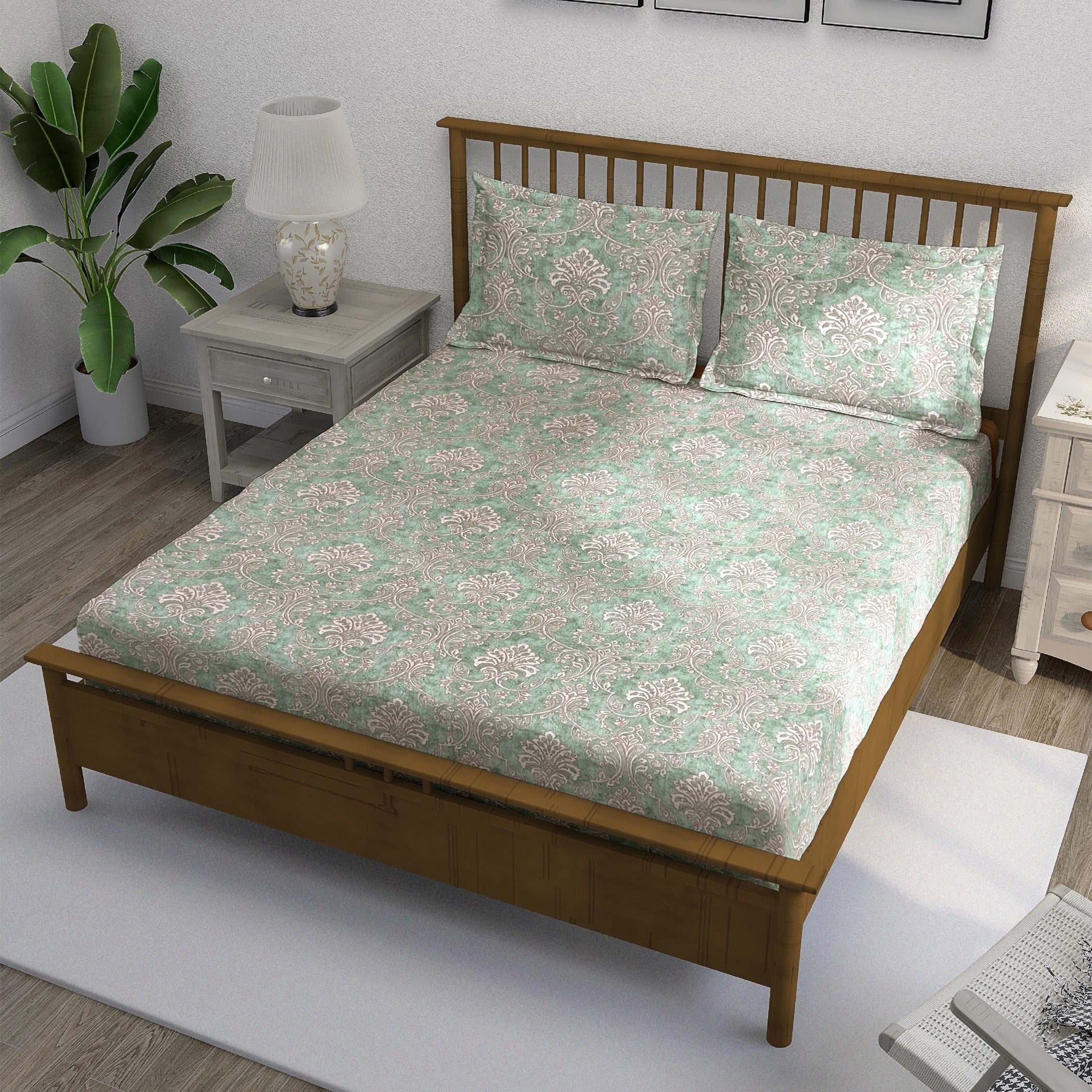 Mint Ornate Damask 180 TC Pure Cotton Bedsheet Set with Pillow Cover
