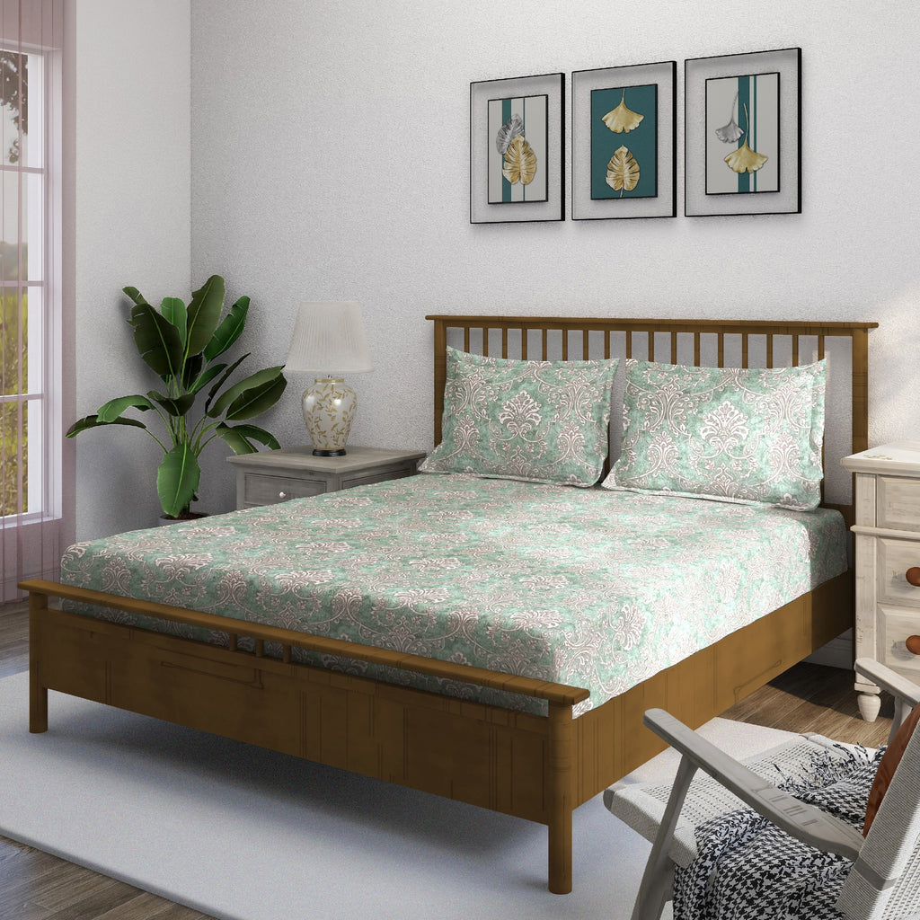 Mint Ornate Damask 180 TC Pure Cotton Bedsheet Set with Pillow Cover