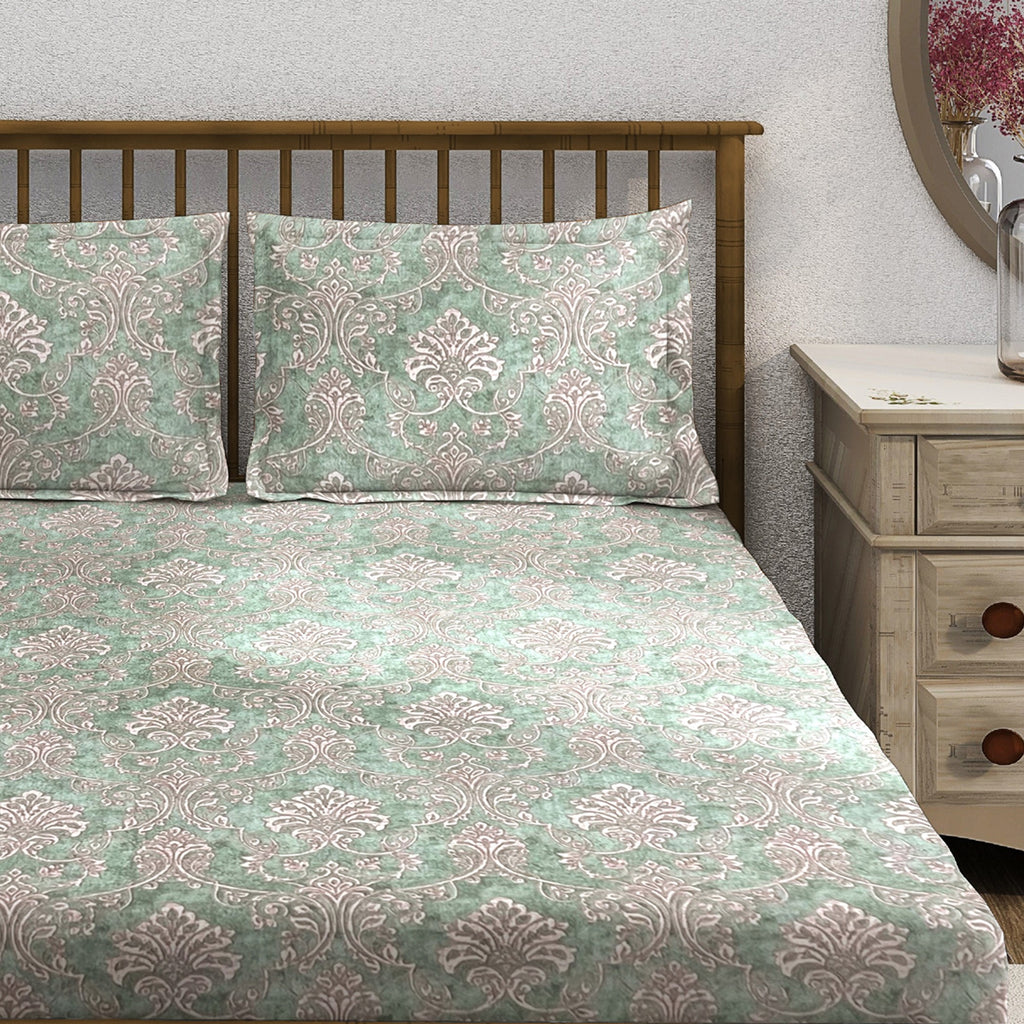 Mint Ornate Damask 180 TC Pure Cotton Bedsheet Set with Pillow Cover