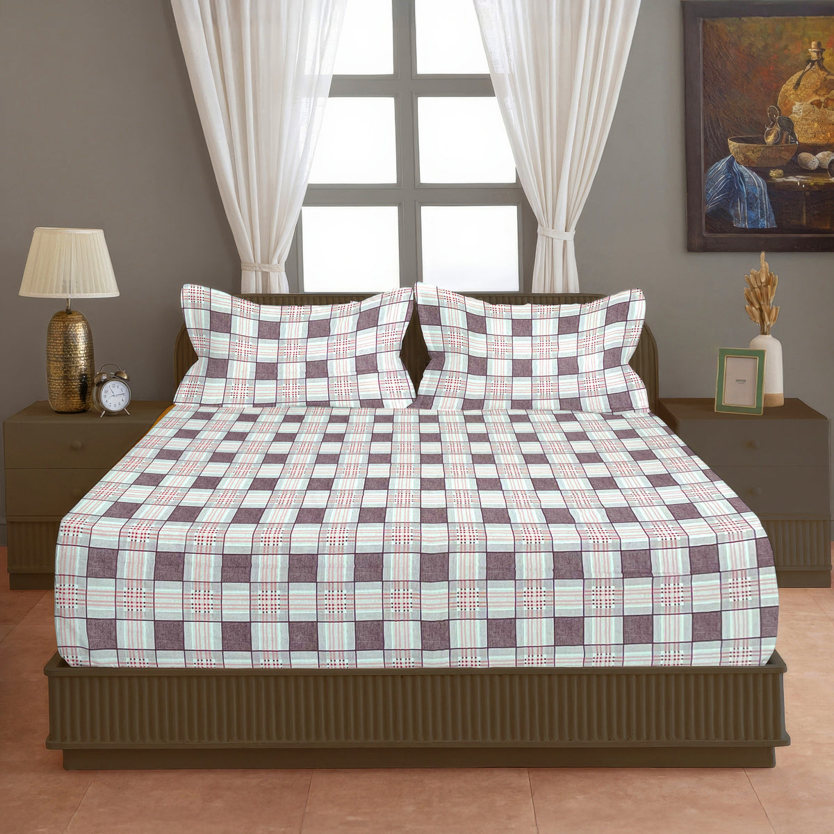 Brown & White Checked 200 TC Pure Cotton Bedsheet with Pillow Cover