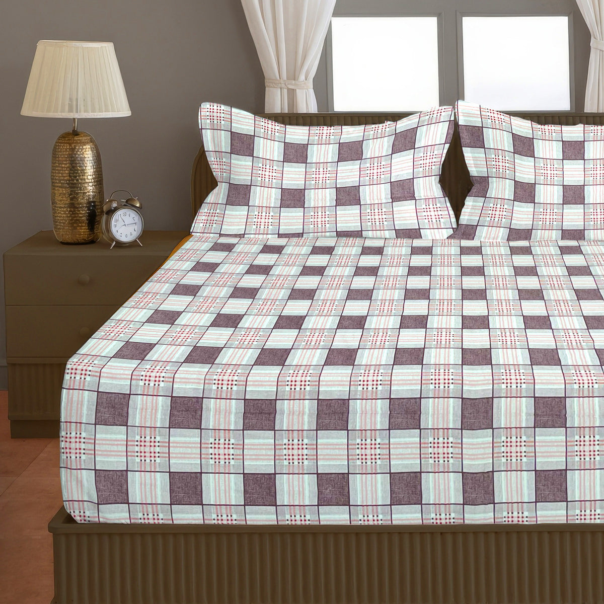 Brown & White Checked 200 TC Pure Cotton Bedsheet with Pillow Cover