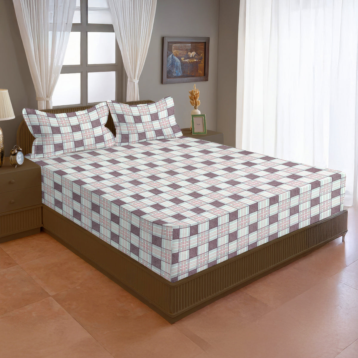 Brown & White Checked 200 TC Pure Cotton Bedsheet with Pillow Cover