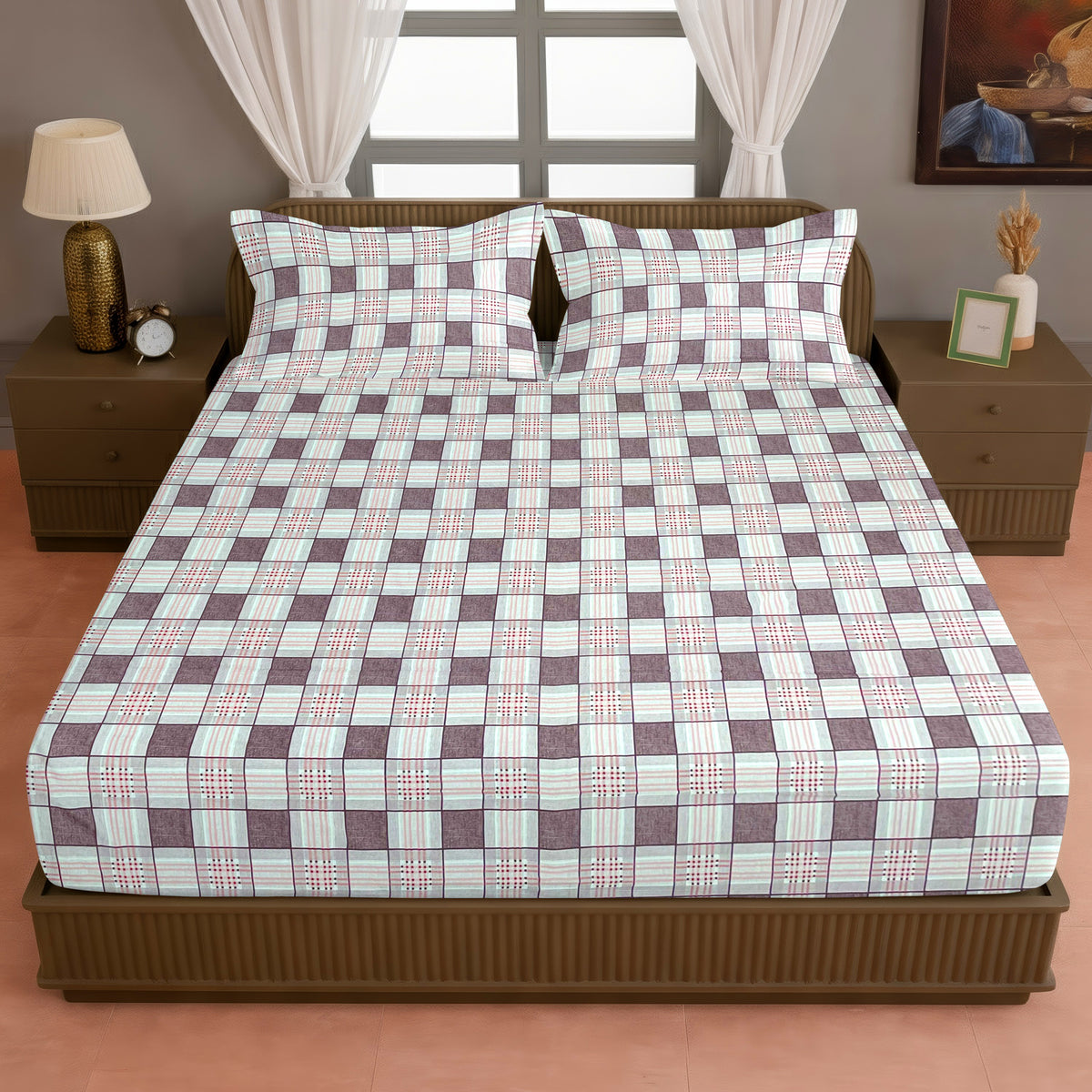 Brown & White Checked 200 TC Pure Cotton Bedsheet with Pillow Cover