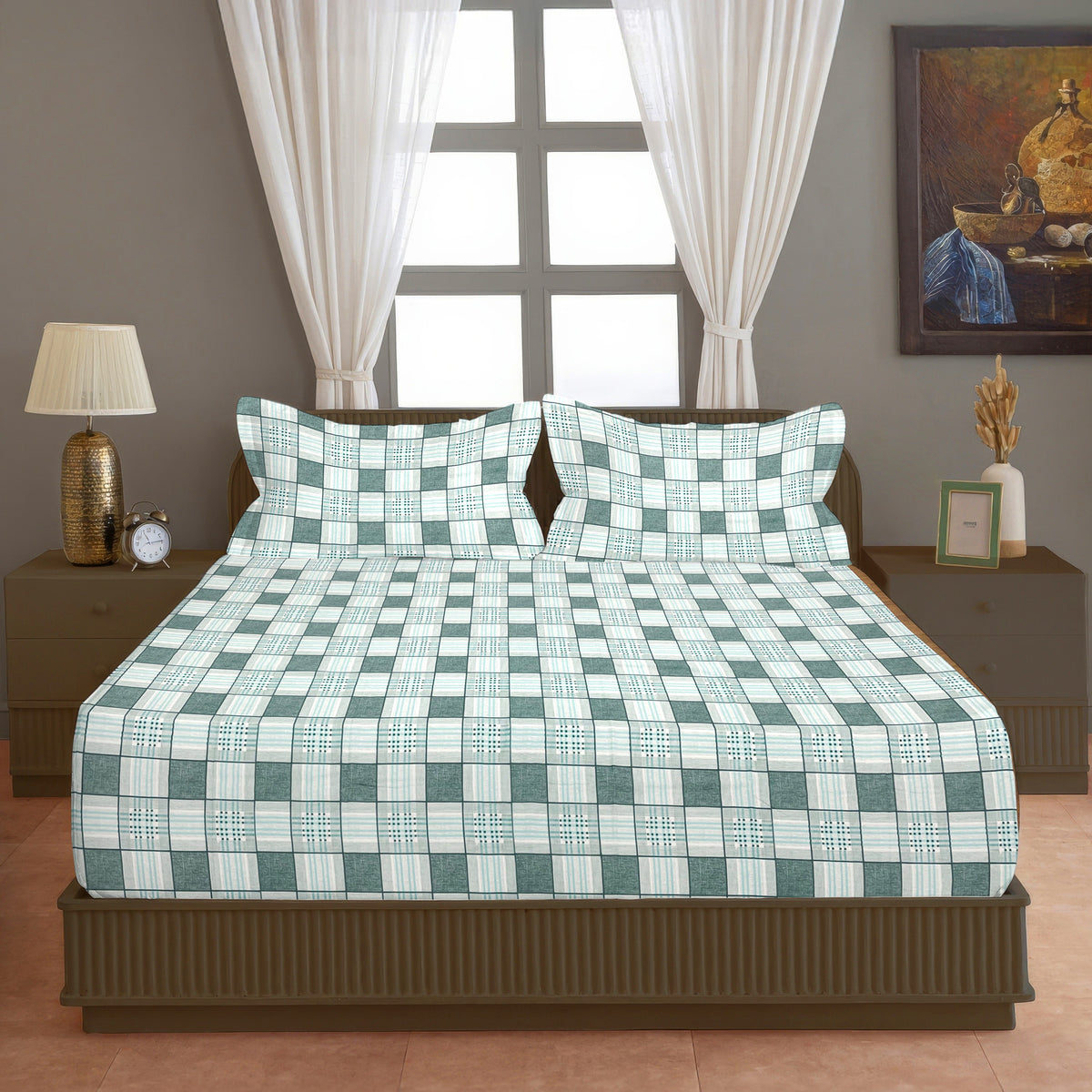 Green & White Checked 200 TC Pure Cotton Bedsheet with Pillow Cover