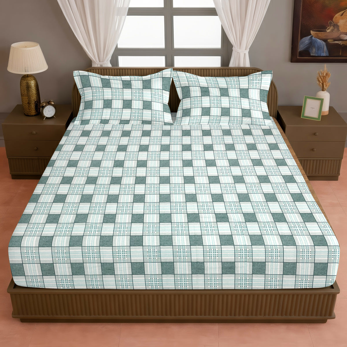 Green & White Checked 200 TC Pure Cotton Bedsheet with Pillow Cover