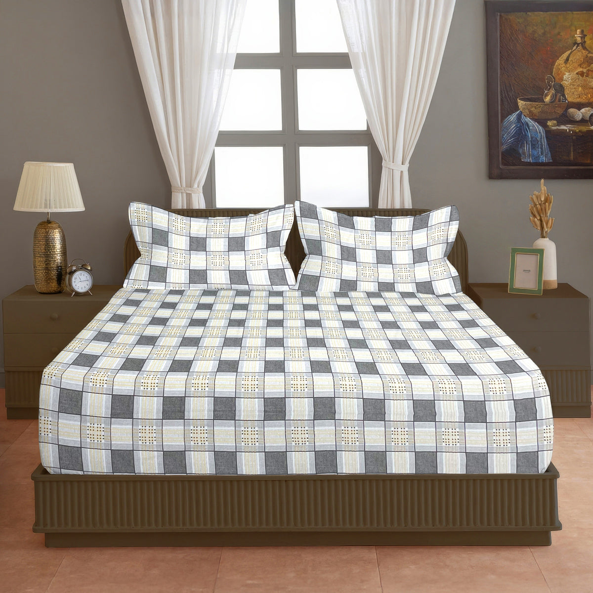 Grey & White Checked 200 TC Pure Cotton Bedsheet with Pillow Cover