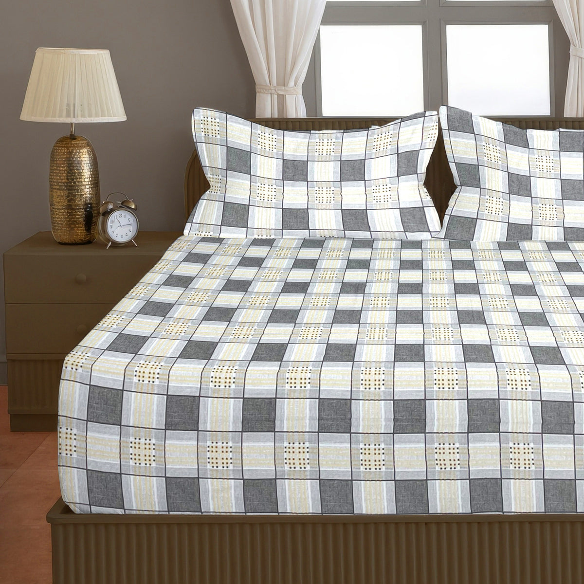 Grey & White Checked 200 TC Pure Cotton Bedsheet with Pillow Cover