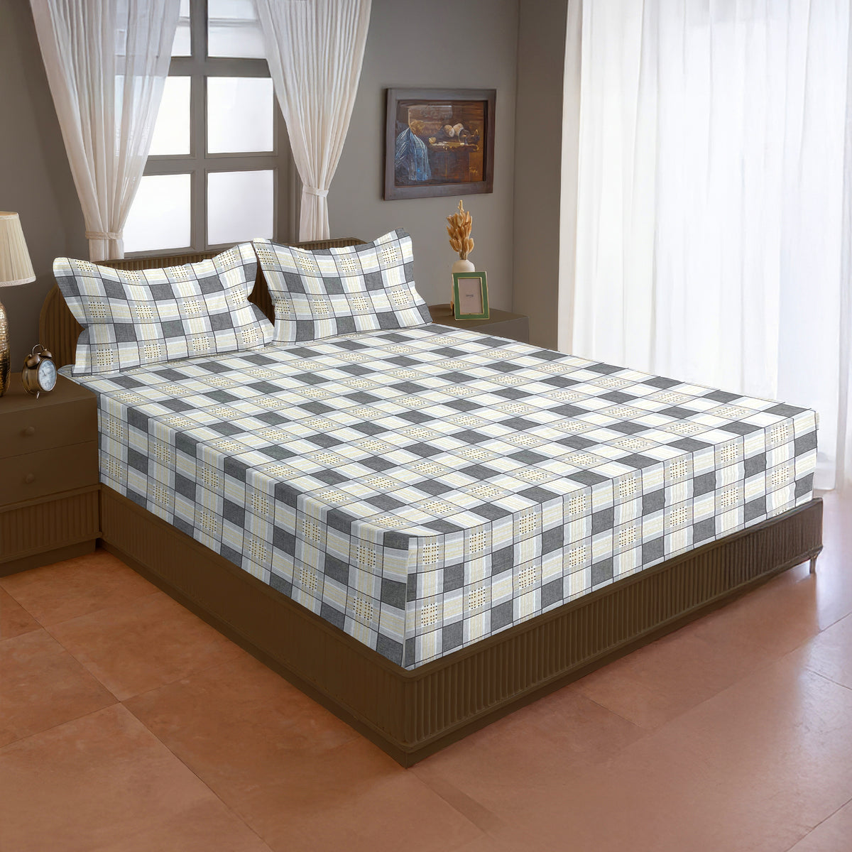 Grey & White Checked 200 TC Pure Cotton Bedsheet with Pillow Cover