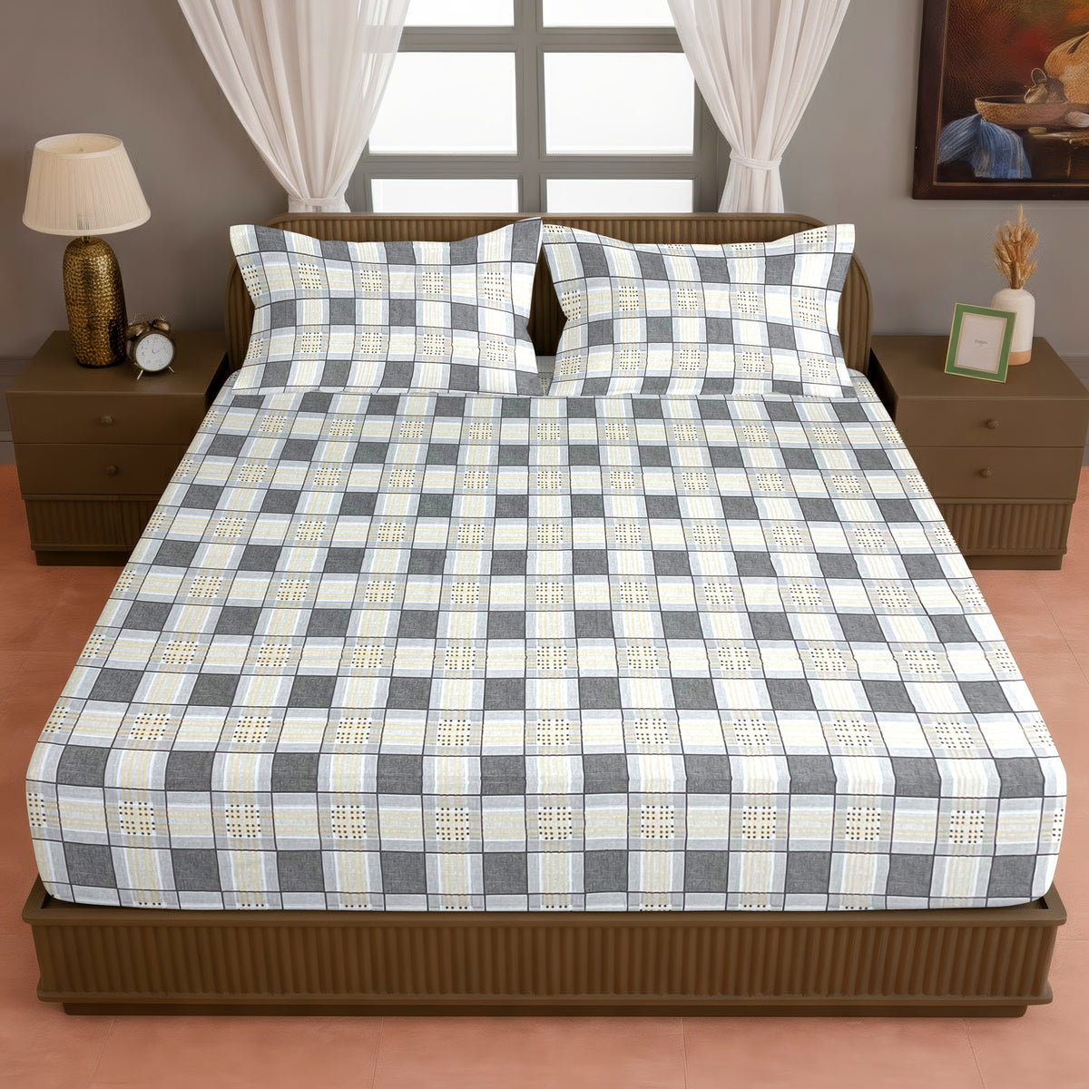 Grey & White Checked 200 TC Pure Cotton Bedsheet with Pillow Cover