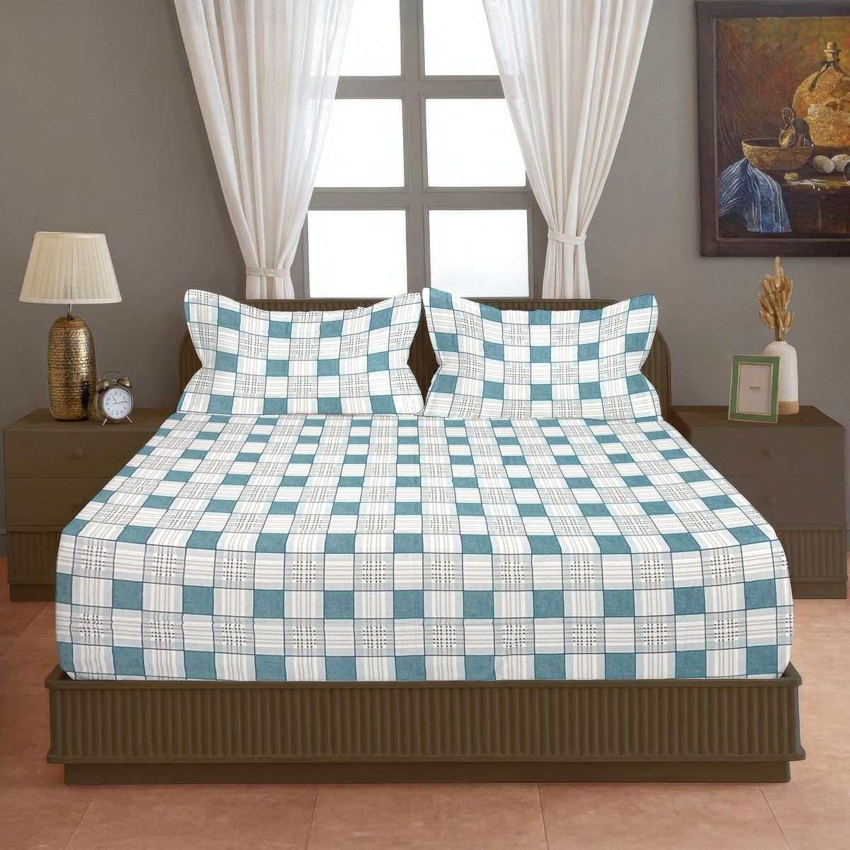 Teal & White Checked 200 TC Pure Cotton Bedsheet with Pillow Cover