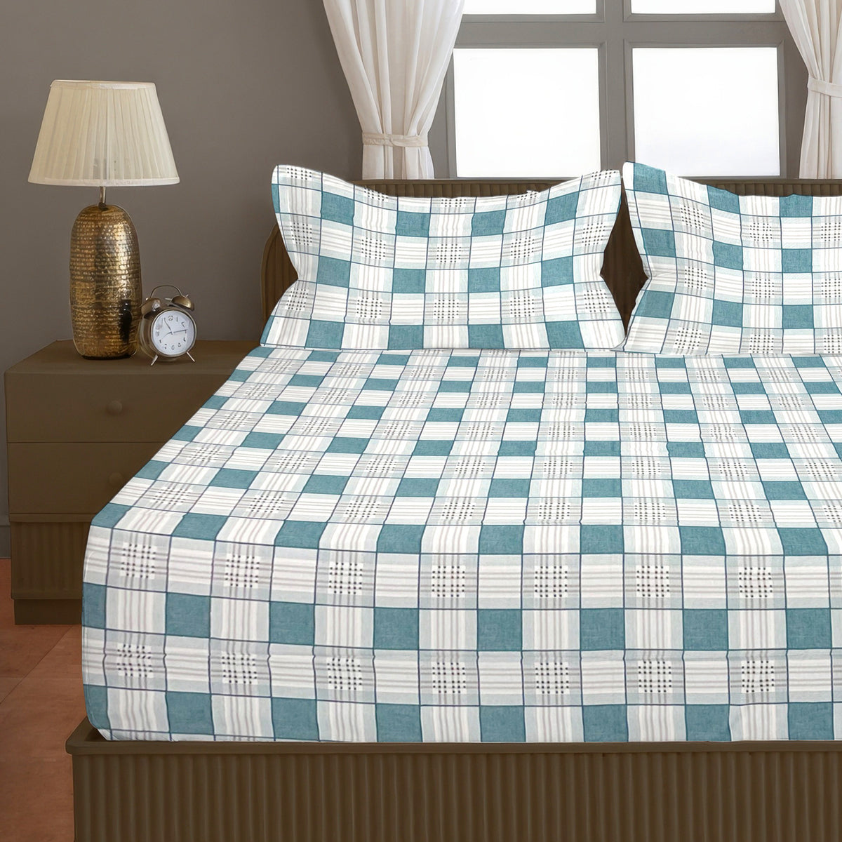 Teal & White Checked 200 TC Pure Cotton Bedsheet with Pillow Cover