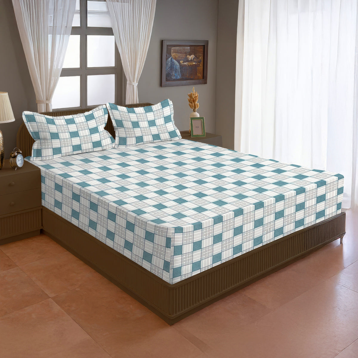Teal & White Checked 200 TC Pure Cotton Bedsheet with Pillow Cover