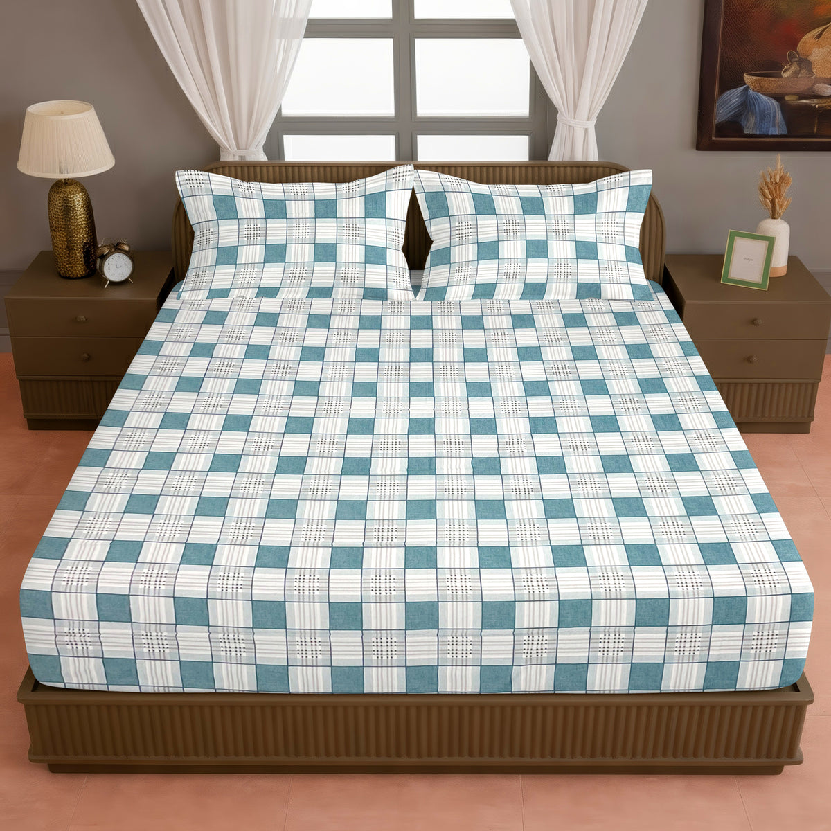 Teal & White Checked 200 TC Pure Cotton Bedsheet with Pillow Cover