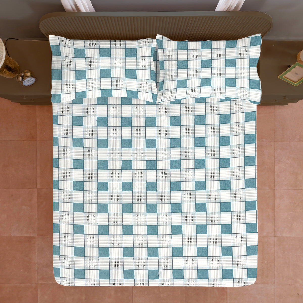 Teal & White Checked 200 TC Pure Cotton Bedsheet with Pillow Cover