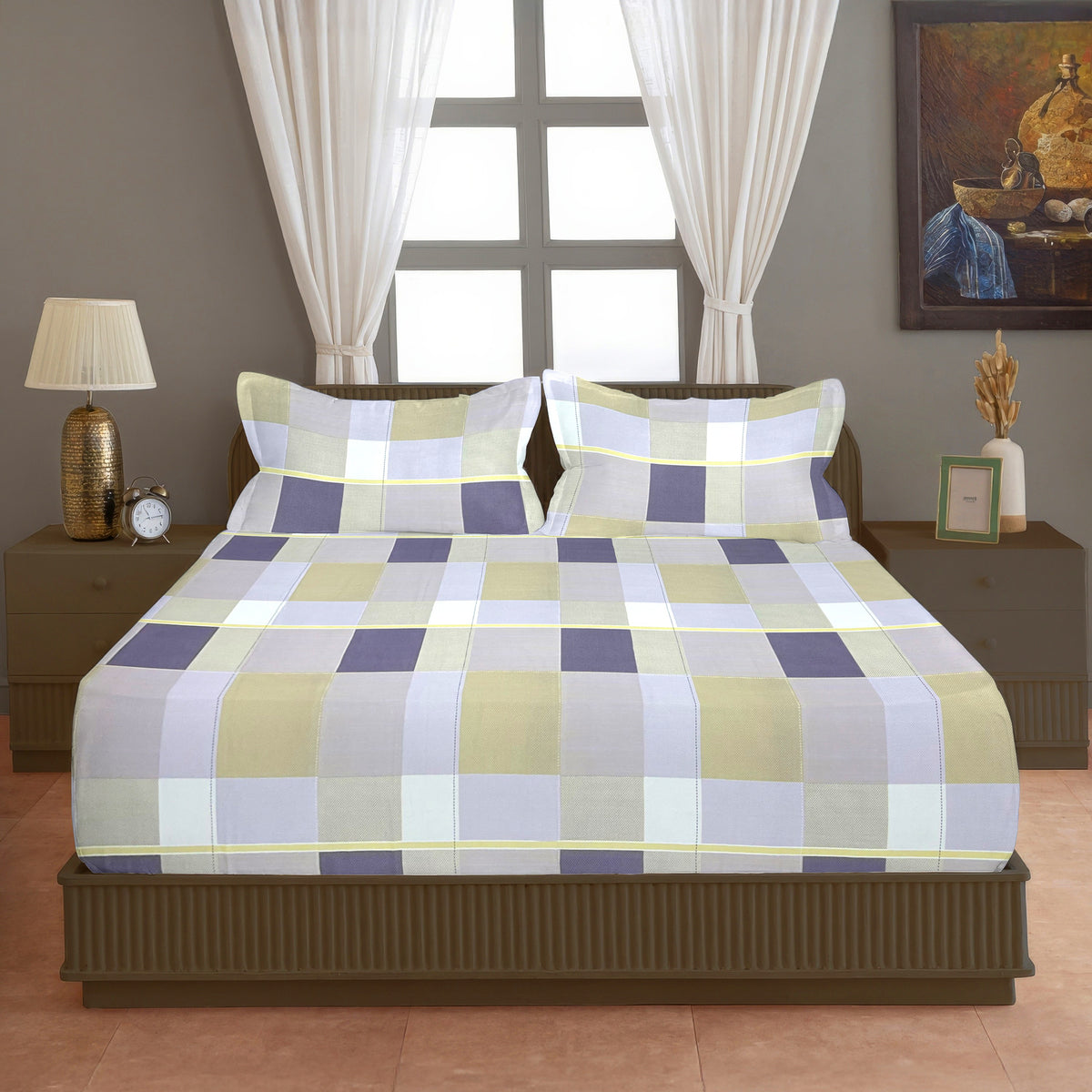 Purple & Beige Checked 200 TC Pure Cotton Bedsheet with Pillow Cover