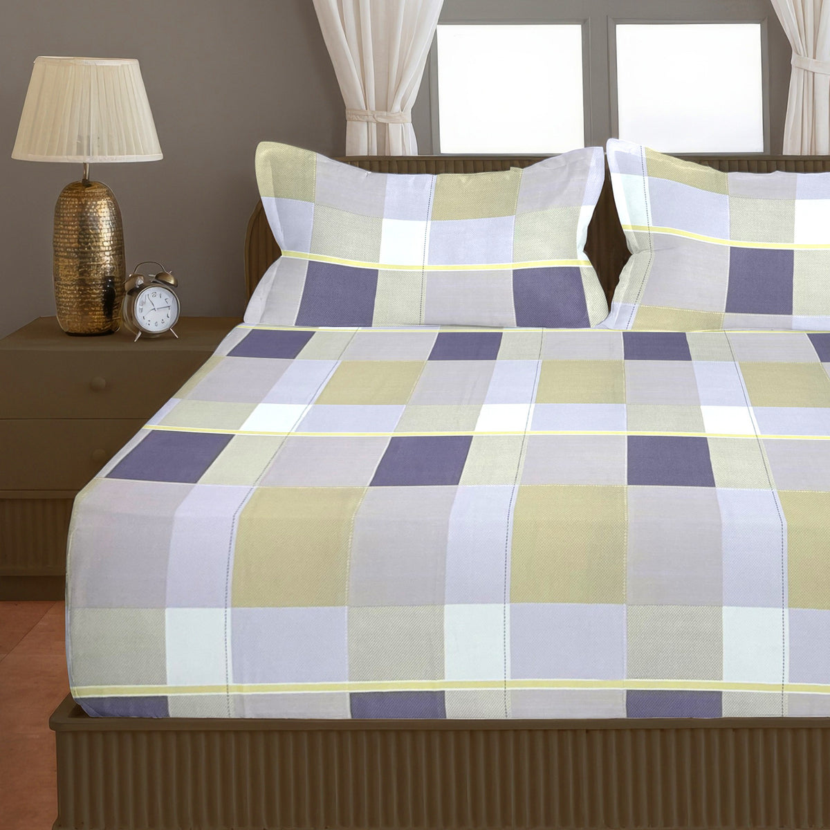 Purple & Beige Checked 200 TC Pure Cotton Bedsheet with Pillow Cover