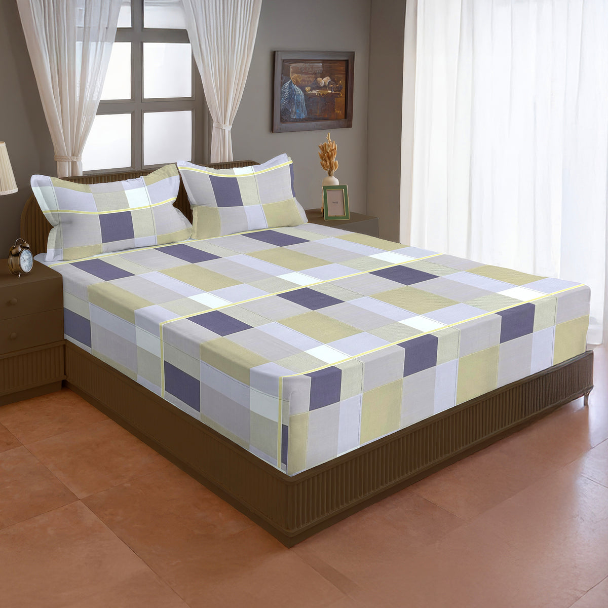 Purple & Beige Checked 200 TC Pure Cotton Bedsheet with Pillow Cover