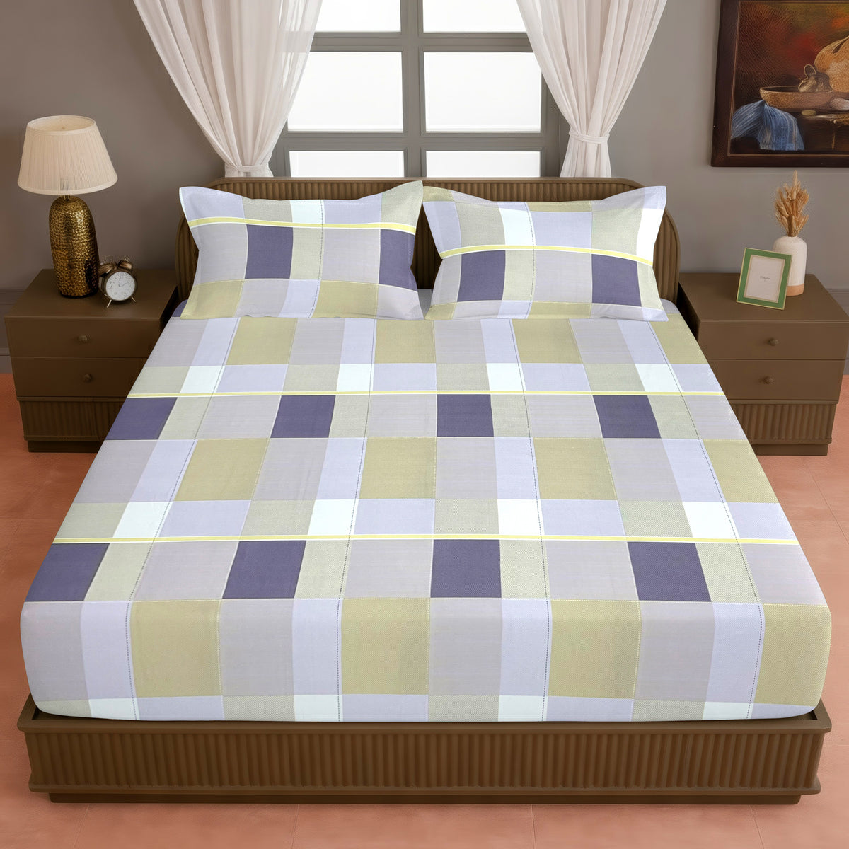 Purple & Beige Checked 200 TC Pure Cotton Bedsheet with Pillow Cover