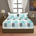 Aqua Blue & Grey Checked 200 TC Pure Cotton Bedsheet with Pillow Cover