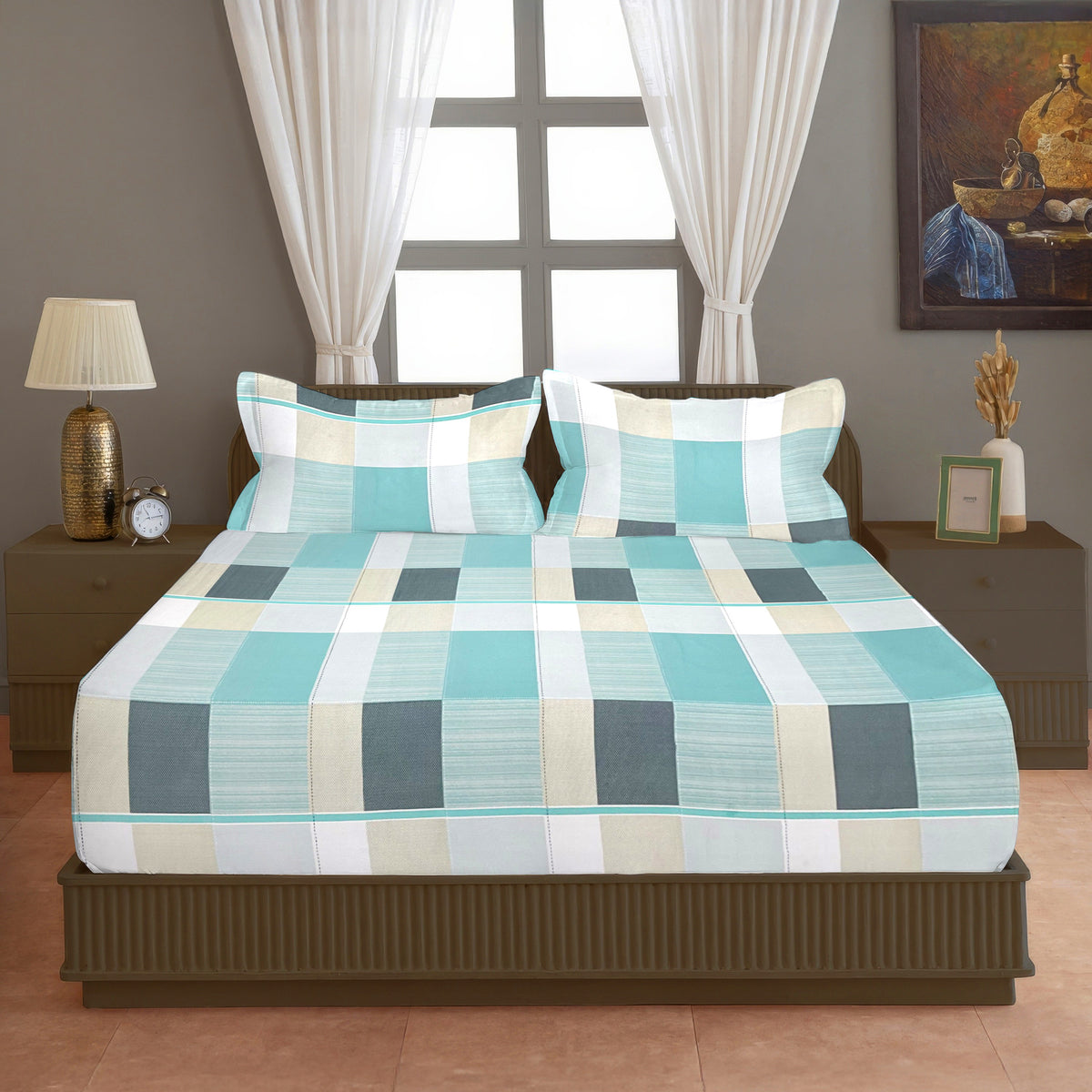 Aqua Blue & Grey Checked 200 TC Pure Cotton Bedsheet with Pillow Cover