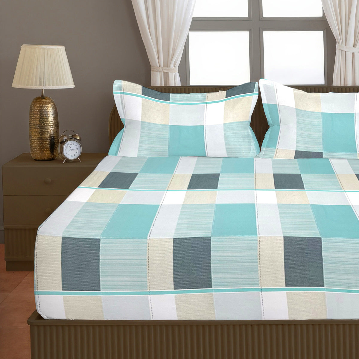 Aqua Blue & Grey Checked 200 TC Pure Cotton Bedsheet with Pillow Cover