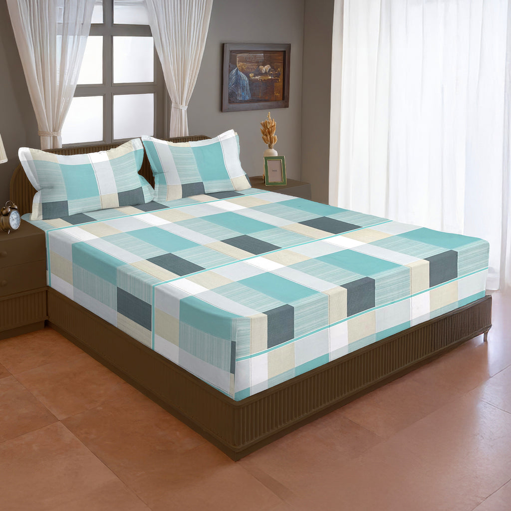Aqua Blue & Grey Checked 200 TC Pure Cotton Bedsheet with Pillow Cover