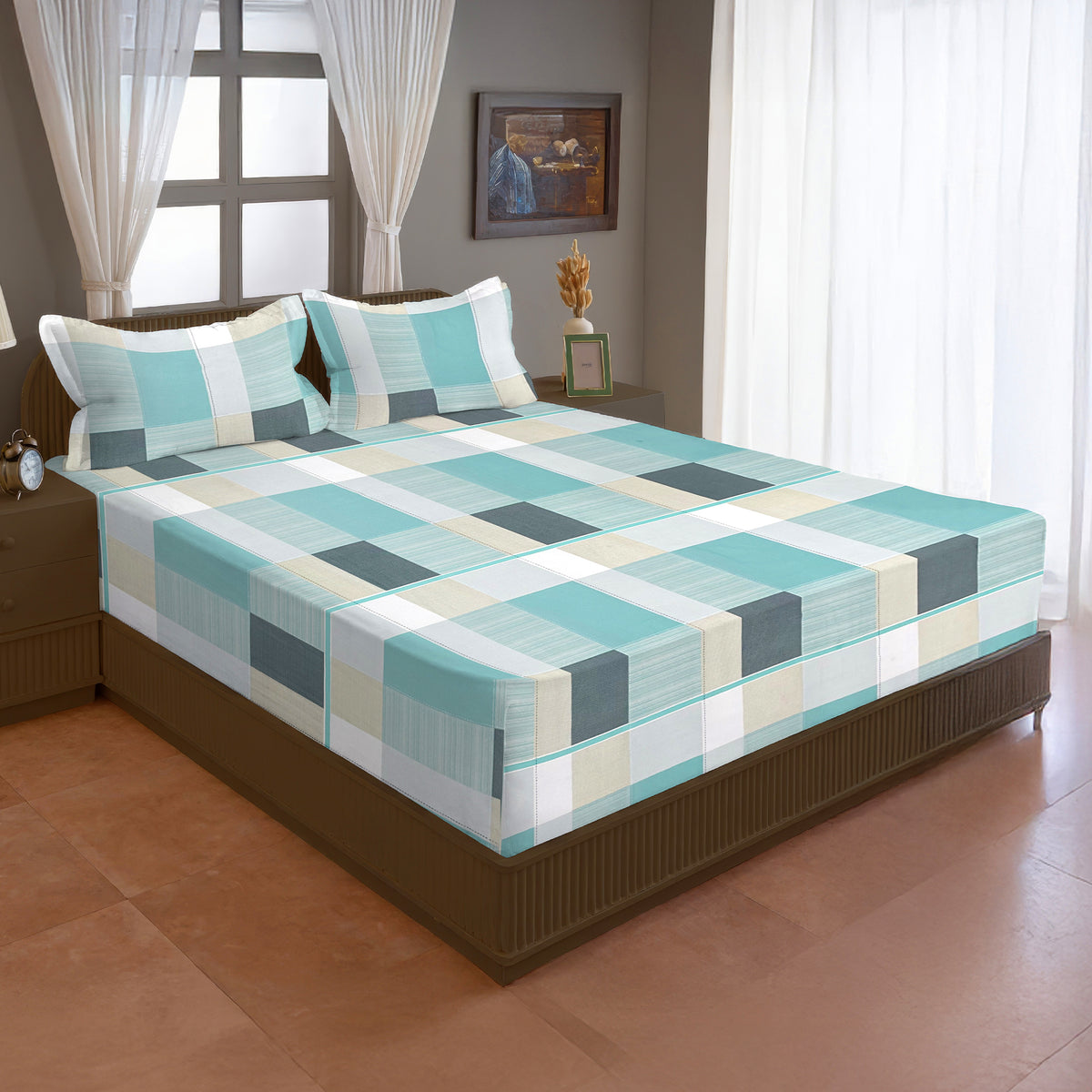 Aqua Blue & Grey Checked 200 TC Pure Cotton Bedsheet with Pillow Cover