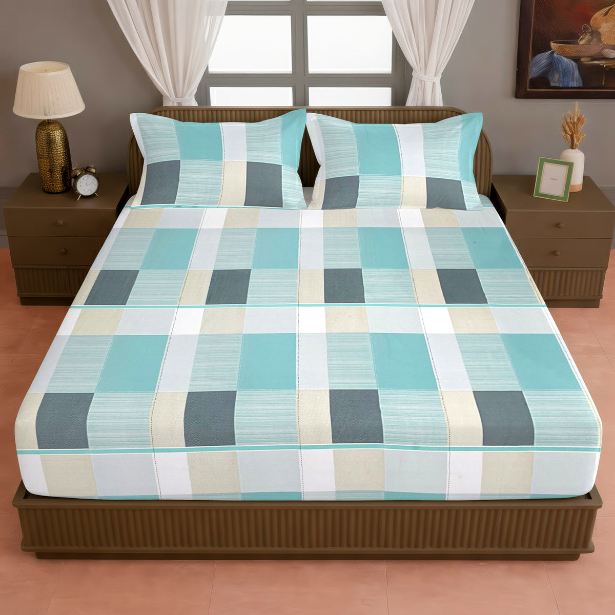 Aqua Blue & Grey Checked 200 TC Pure Cotton Bedsheet with Pillow Cover