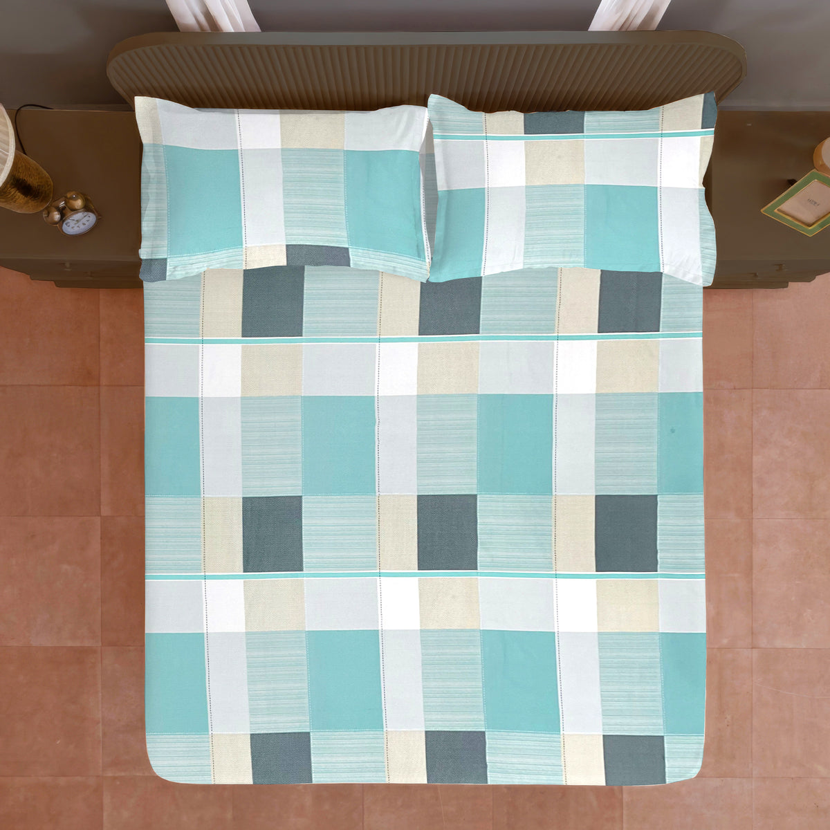 Aqua Blue & Grey Checked 200 TC Pure Cotton Bedsheet with Pillow Cover