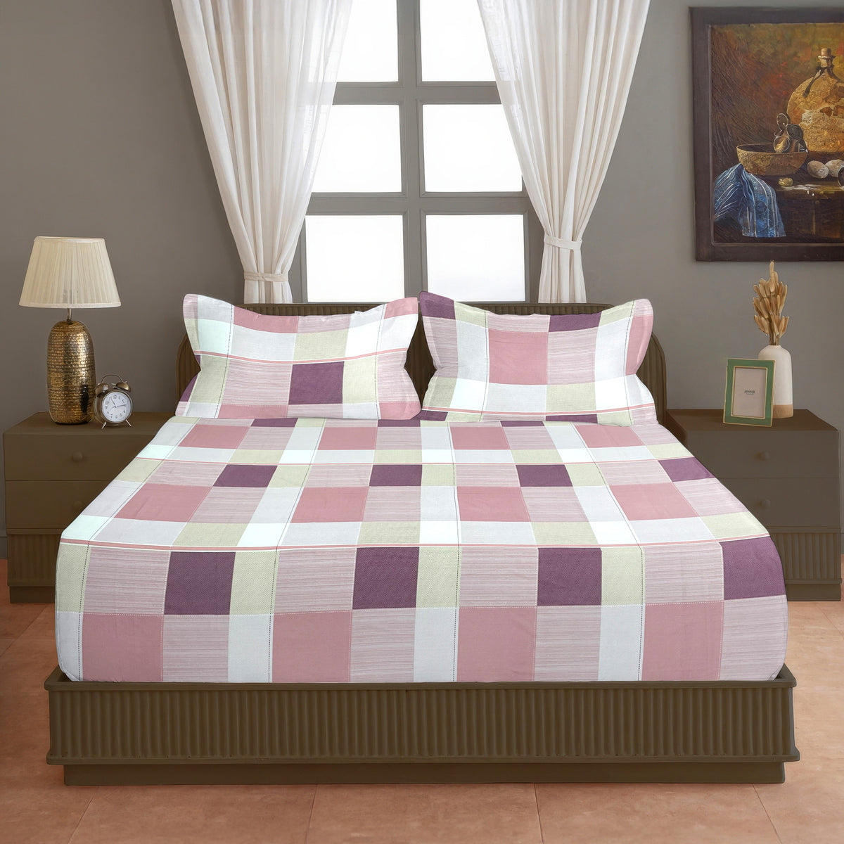 Pink & White Checked 200 TC Pure Cotton Bedsheet with Pillow Cover