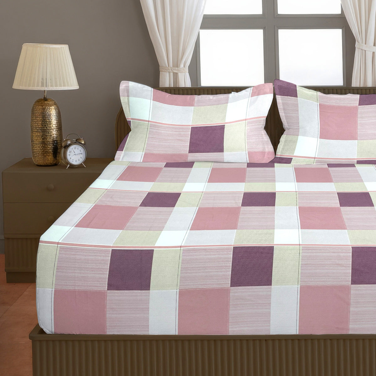 Pink & White Checked 200 TC Pure Cotton Bedsheet with Pillow Cover