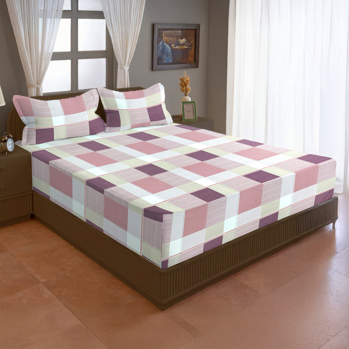 Pink & White Checked 200 TC Pure Cotton Bedsheet with Pillow Cover