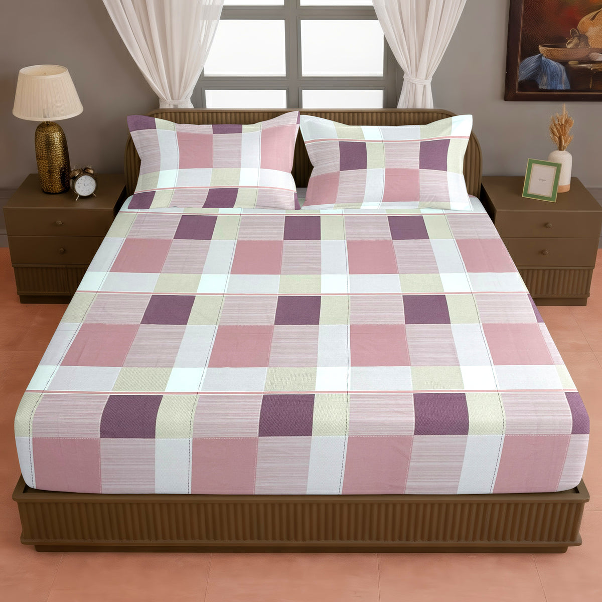 Pink & White Checked 200 TC Pure Cotton Bedsheet with Pillow Cover