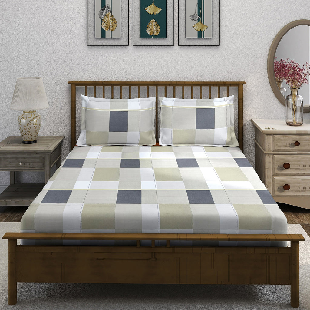 Sage Charcoal Windowpane 180 TC Pure Cotton Bedsheet Set with Pillow Cover